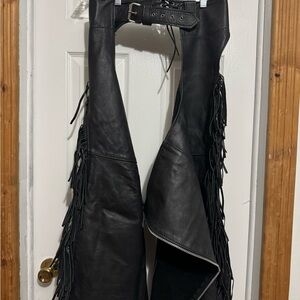 Black Leather Fring motorcycle chaps